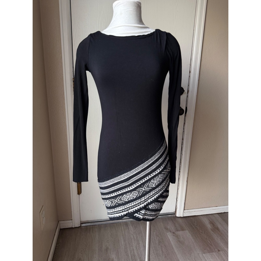 Bailey 44 Black Long Sleeve Bodycon Dress Faux Wrap Geometric Hem Small